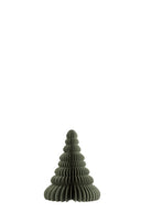 Donkergroene papieren kerstboom van MrsBloom met gouden details, uitgevouwen staand op een ondergrond.