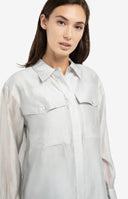 YAYA blouse in blauwgrijs met een klassieke kraag, lange mouwen en borstzakken