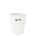 Bastion Collections beker in wit aardewerk met paperlook vorm en de zwarte tekst happy
