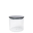 Glazen Bastion Collections voorraadpot met geribbeld glas en een zwart houten deksel.