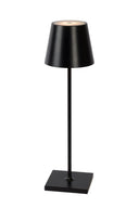 Zwarte Lucide tafellamp voor buiten met een hoogte van 38 cm en een diameter van 11 cm.