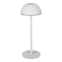 Een witte LED lamp van metaal met een compact, elegant ontwerp.