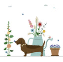 Kaart met illustratie van teckel Frits met een gieter vol bloemen