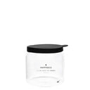 Bastion Collections voorraadpot van helder glas met zwarte opdruk happiness en zwart deksel