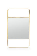 Een rechthoekige vtwonen spiegel in frame l in de kleur goud met een metalen rand en glazen spiegeloppervlak.