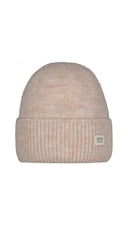 Barts beanie laksa in lichtbruin met een gebreid patroon en een hoge omslag.
