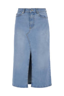 Lichtblauwe lange denim rok van het merk Zusss met split aan de voorzijde.