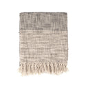 Grof geweven plaid in zwart en crème met decoratieve kwastjes aan de uiteinden.
