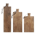 Rechthoekige HKliving broodplank van naturel teakhout met een handvat en leren koord.