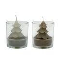 Kerstboomkaars in een glazen houder met taupe en witte accenten