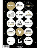 A5 stickervel met 15 verschillende ronde kerststickers in groen, goud, wit en zwart