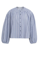YAYA blouse met blauw-witte strepen, lange mouwen met pofvorm en een knoopsluiting aan de voorzijde.