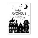 Sinterklaasposter op A4 formaat met de tekst 'Heerlijk avondje is gekomen' in zwart op witte ondergrond.