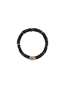 Barts armband Talfy in zwart, voorzien van platte siliconen kraaltjes, goudkleurige accenten en een houten sluiting met logo.