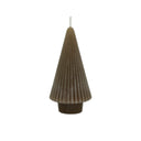 Taupekleurige kaars in de vorm van een kerstboom met een hoogte van 13 cm.