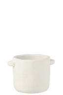 Witte bloempot van cement maat M met decoratieve handvaten