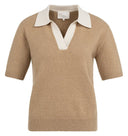 YAYA trui in khaki green met korte mouwen, V-hals en polokraagje.