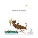 Vierkante wenskaart met een illustratie van teckel Frits voor een pensioen.