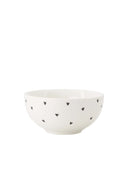 Zusss schaaltje van wit aardewerk met zwarte hartjesprint, doorsnee 11,5 cm