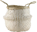 Ronde gevouwen mand van waterhyacint in naturel en wit, met hengsels.
