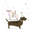 Kaart Frits happy B-day met een illustratie van een teckel en een bruine kraft envelop