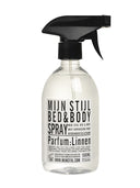 Mijn Stijl bed&body spray linnen in een transparante spuitflacon met zwarte accenten