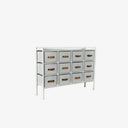 New Routz ladenblok in wit metaal met twaalf lades en leren handgrepen.