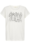 Wit T-shirt van het merk Cream met een pentekening van vijf vrouwen op de voorzijde.