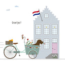 Vierkante wenskaart met een illustratie van teckel Frits bij een gevelhuisje en de tekst Groetjes