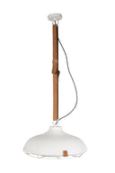 Witte hanglamp van het merk Zuiver met cognac-kleurige lederen details
