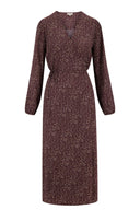 Zusss jurk wikkel in chocoladebruin met een subtiele beige print en V-hals.