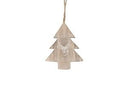 Houten hanger in de vorm van een kerstboom met een zilverkleurige afbeelding van een hert.